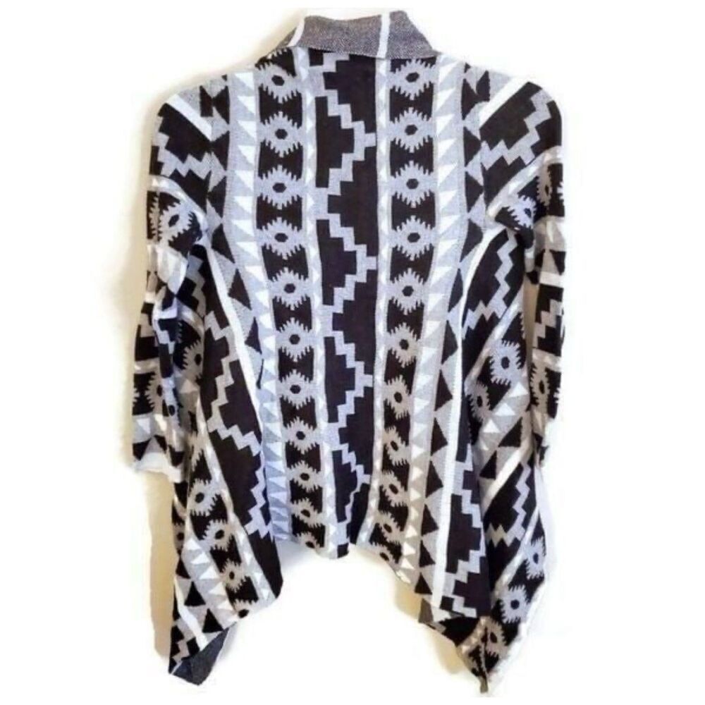 Maglia Aztec Black & White Knit Cardigan Womens Sz S Sweater Open Front Collar - Picture 5 of 7
